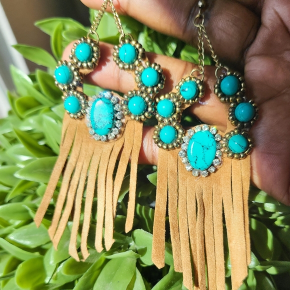 Beautiful Turquoise Crystal Earrings / Boho Fringe / CZ / Western Earrings - Picture 4 of 4